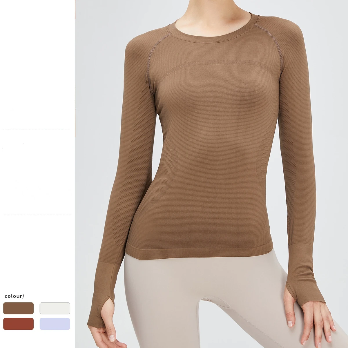 Seamless Fitness Top Women's Long Sleeve Stretch Knitted Breathable Sports Solid Color Round Neck Yoga T-Shirt