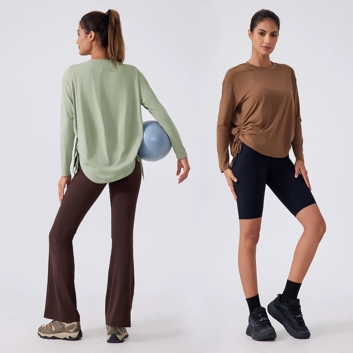 Women Solid Colors Long Sleeve Curved Bottom Scrunch Drawstring Yoga Shirt Fast Dry Round Neck Nylon Casual Running Shirts 2025
