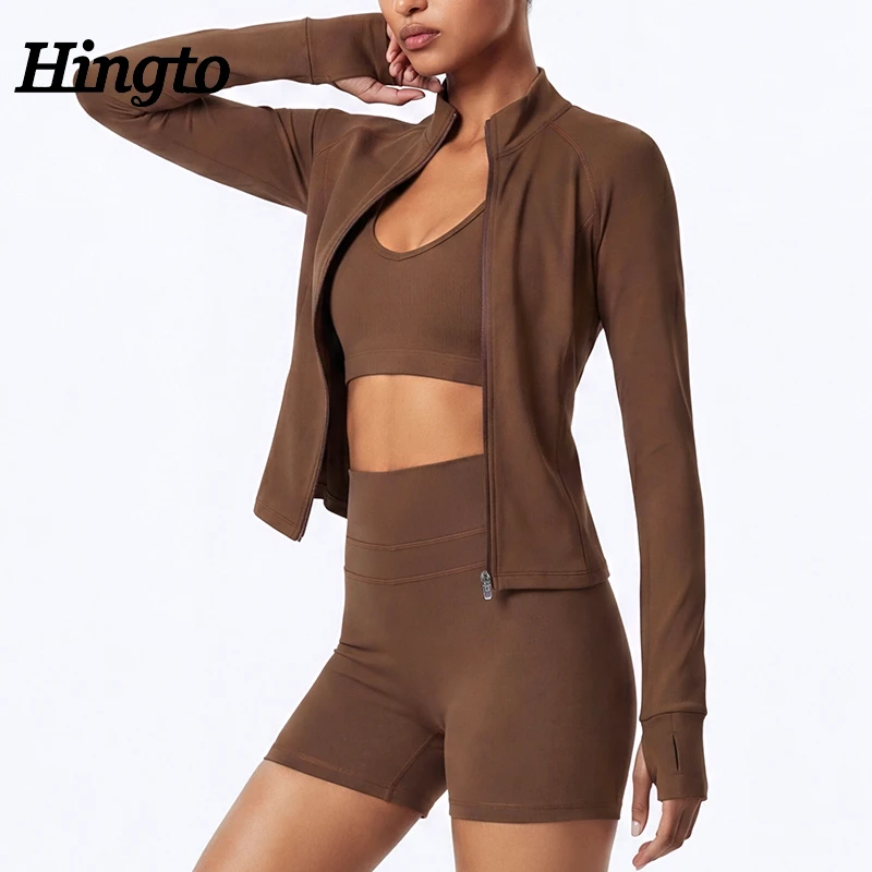 Premium Breathable Women Brown Yoga Matching Sets Jackets Zip Up Hyrox High Waist Shorts Workout Outfits Activewear Dry Fast