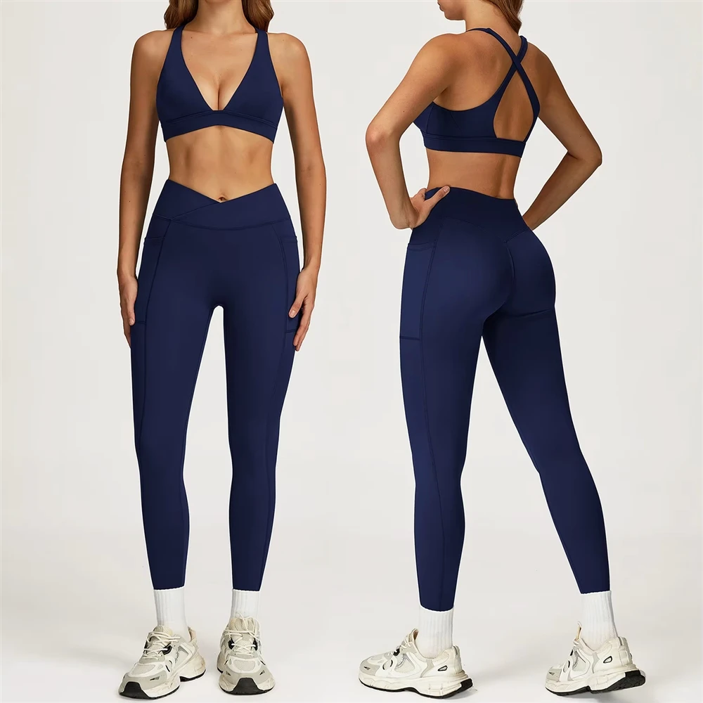 High Aesthetic Outdoor Running Solid Color Sports Set Quick Drying and Elasticity Side Pocket Women's Yoga Two-piece Set