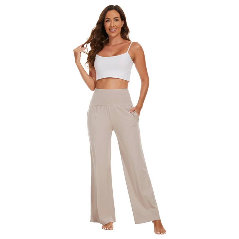 Bamboo/Cotton/Spandex Wide Leg Yoga Pants For Women Elastic Waist Flat Front Pockets Embroidery Eco-Friendly Spring Quick Dry