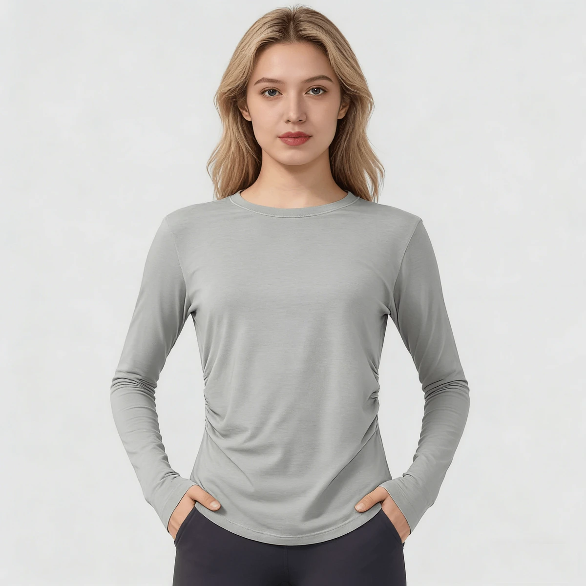 Bulk Order Moisture-Wicking Technology Gray Breathable Pilates Training Merino Wool Long Sleeve Yoga Top Lady's t Shirt Fashion