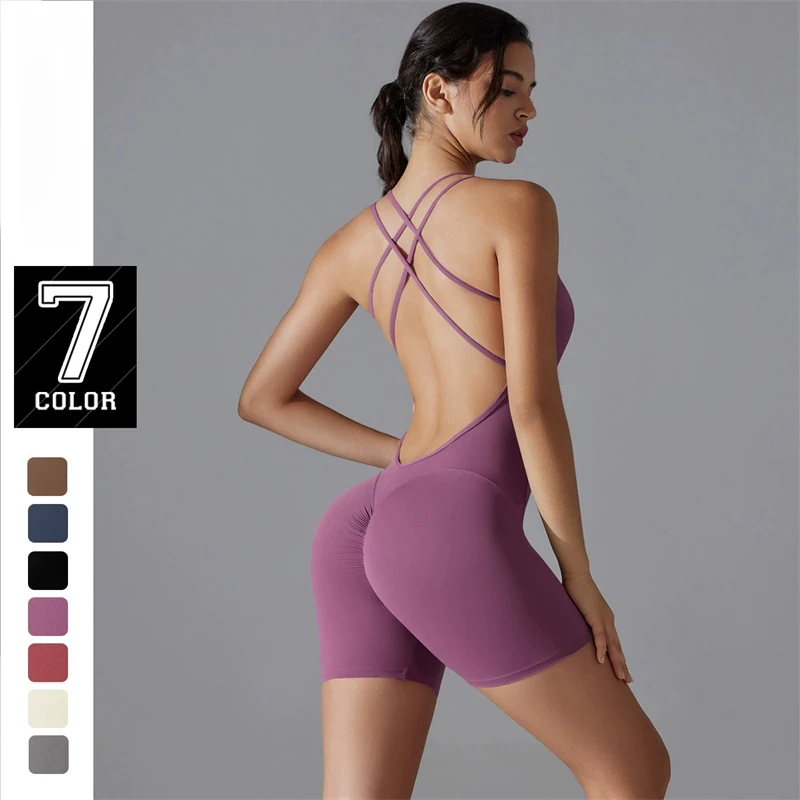 Yoga Sport Clothing Manufacturer Cross Strap Backless Gym Running Push up Pilates Training Fitness Wear One Pieces Jumpsuits
