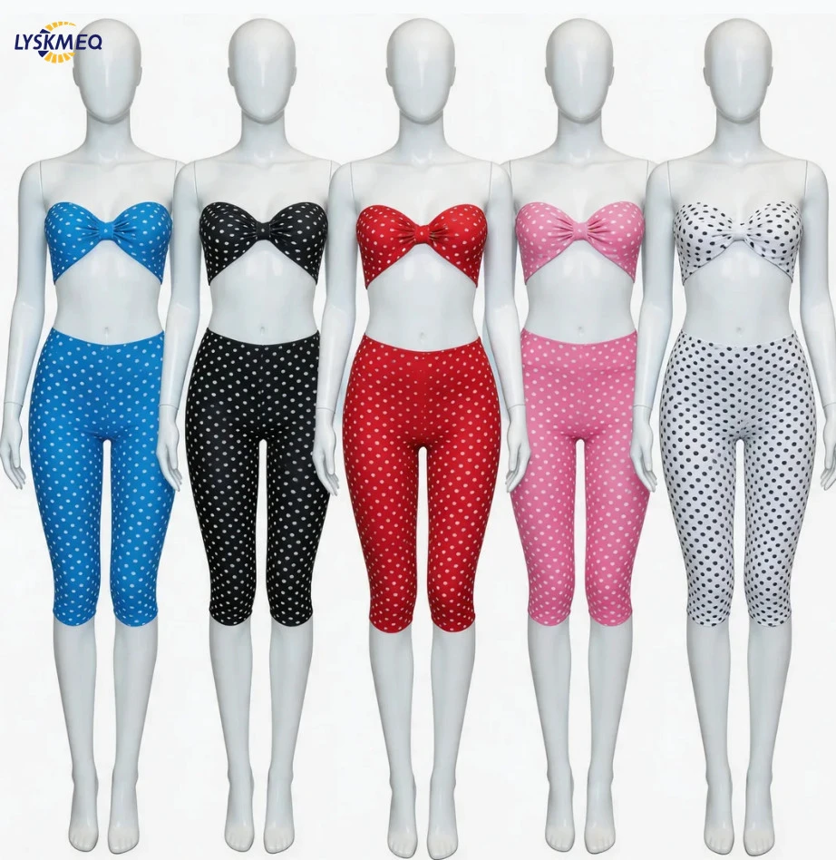 2026 Women Polka Dot 2 Piece Set Outfit Spaghetti Strap Sleeveless Backless Crop Top Pants Summer Sets Women Two-Piece Set