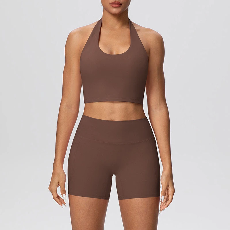 Solid Pocket 2 Piece Short Sets Sport Wear Women Yoga Set Sexy Halter Tops Gym Fitness Workout Sets for Women