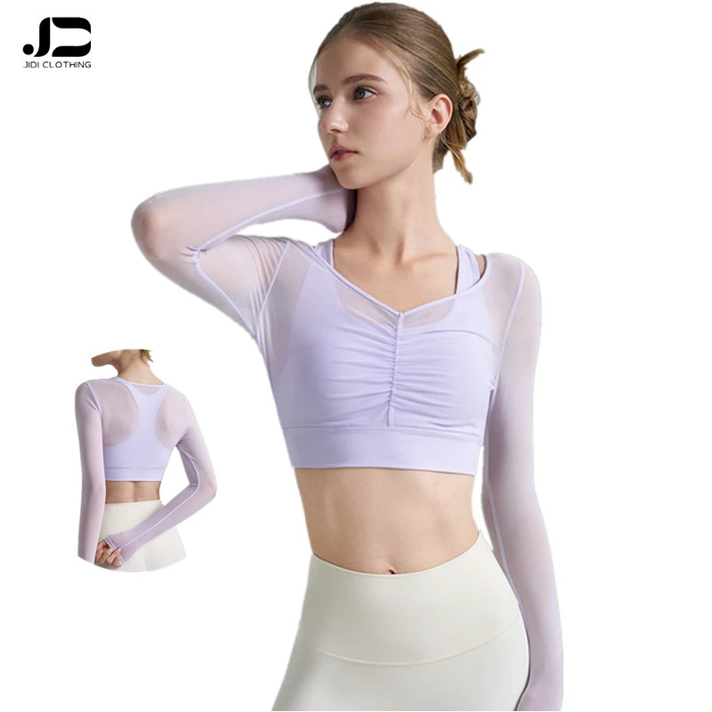 Women's Sexy Gauze Yoga Wear Long Sleeve Fitness Suit False Two Piece Mesh Top With Chest Pad