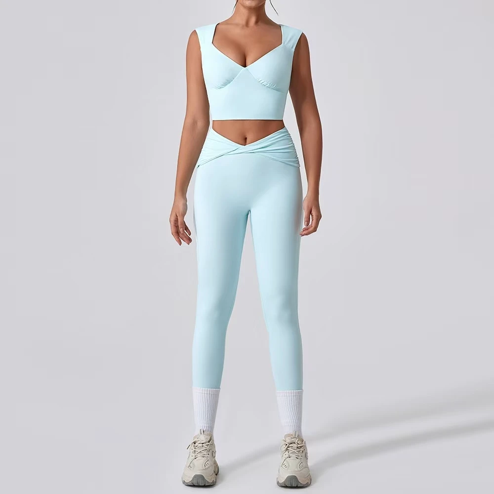 Beautiful Sexy Slim-Fit Yoga Top Quick-Drying Fitness Wear Shock-Proof Back Halter Vest Elastic Waist Closure Solid Pattern Sets