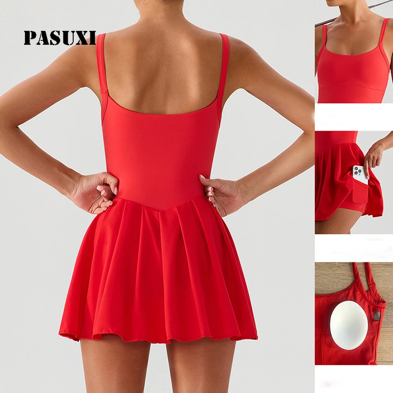 PASUXI Women Pleated Tennis Skort Dress Sleeveless Sports Yoga Dress Built-in Shorts Side Pockets Running Fitness Activewear