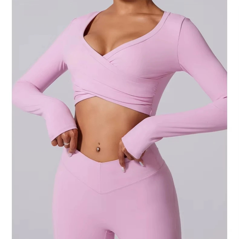 Quick Dry Sports Clothing Deep-V Neck Tight Shirt Running Workout Long Sleeve Tops Gym Fitness Yoga Top for Women
