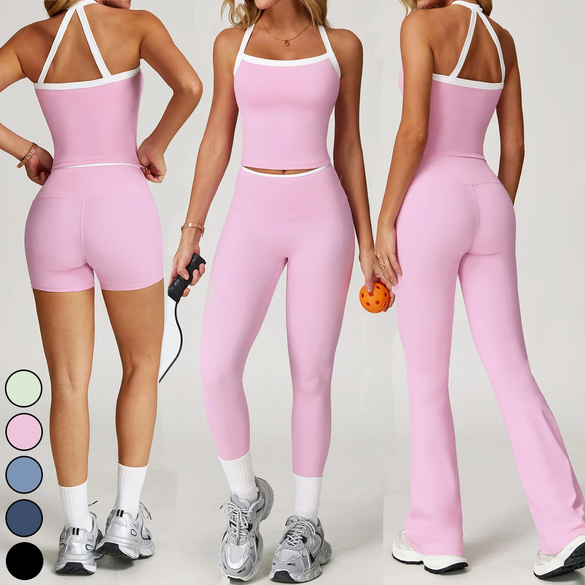 Wholesale 2 Pcs High Support Quick Dry Yoga Women's Leggings Active Shorts Front Spandex/Polyester Butt Lifting Simple