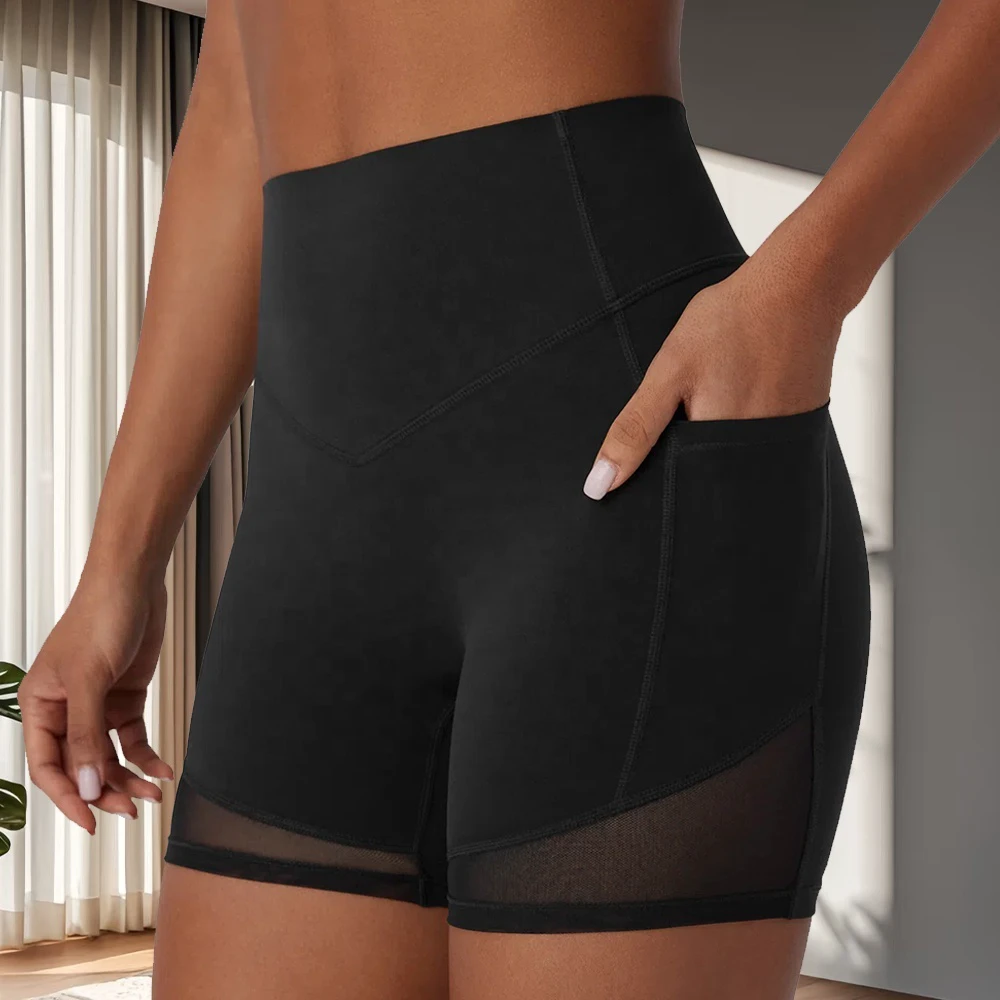 Active Wear Women's Fitness Workout Yoga Shorts Breathable Mesh Panels at the Leg Openings High Waist Yoga Shorts With Pockets