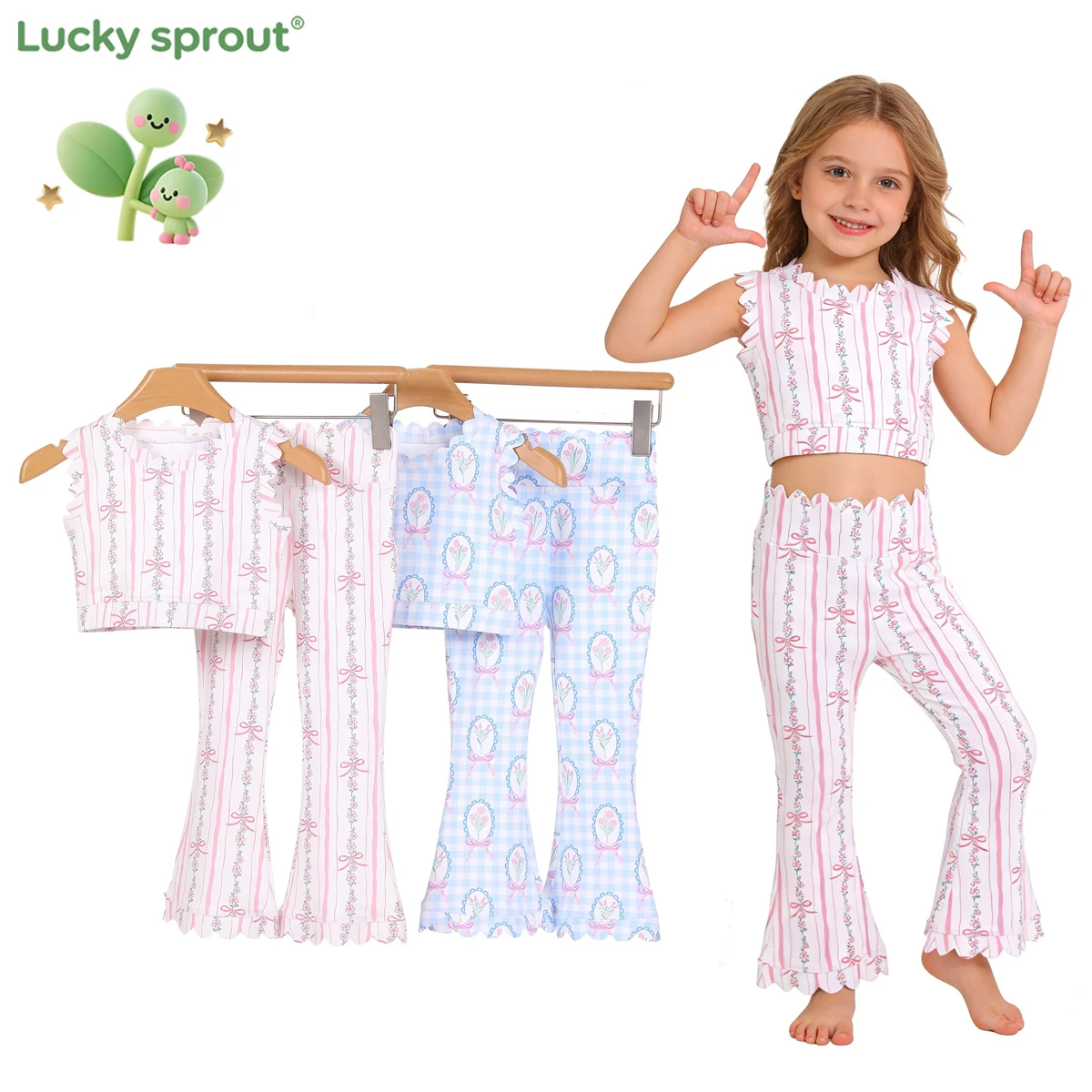 Summer Girls' Sleeveless Scallop Yoga Set Girls Printed Activewear Set High-Waist Yoga Outfits