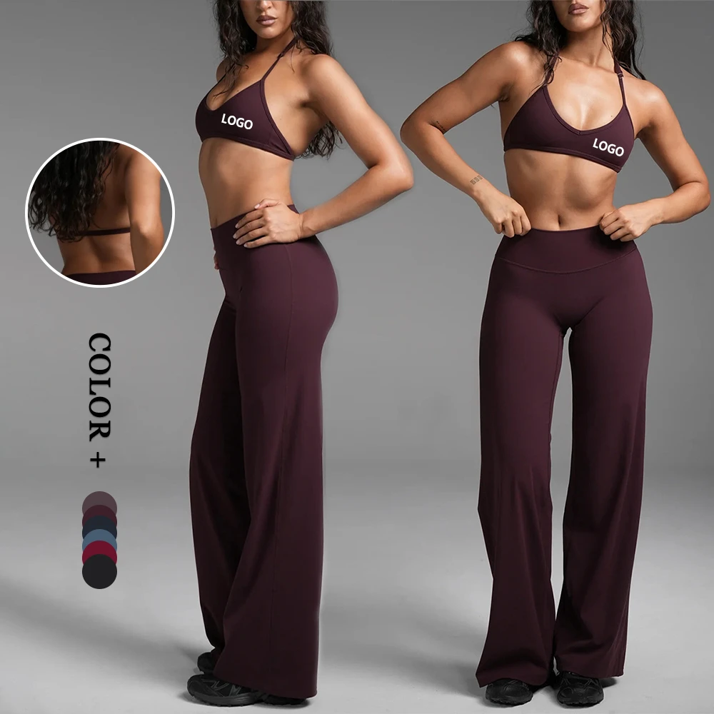 Seamless Stretch Yoga Set Backless Halter Design High Impack Support Push-up Sports Bra Straight Legging Pilates Gymwork Suit
