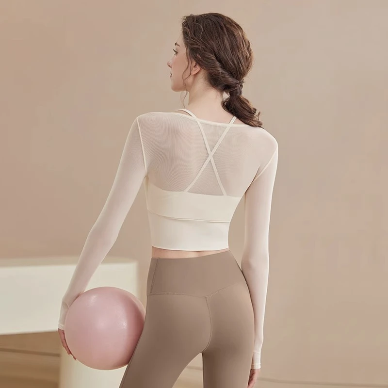 2025 QUFENG Women's Sexy Mesh Yoga & Pilates Training Set Long-Sleeved Tops & Running Sports Fitness Suit
