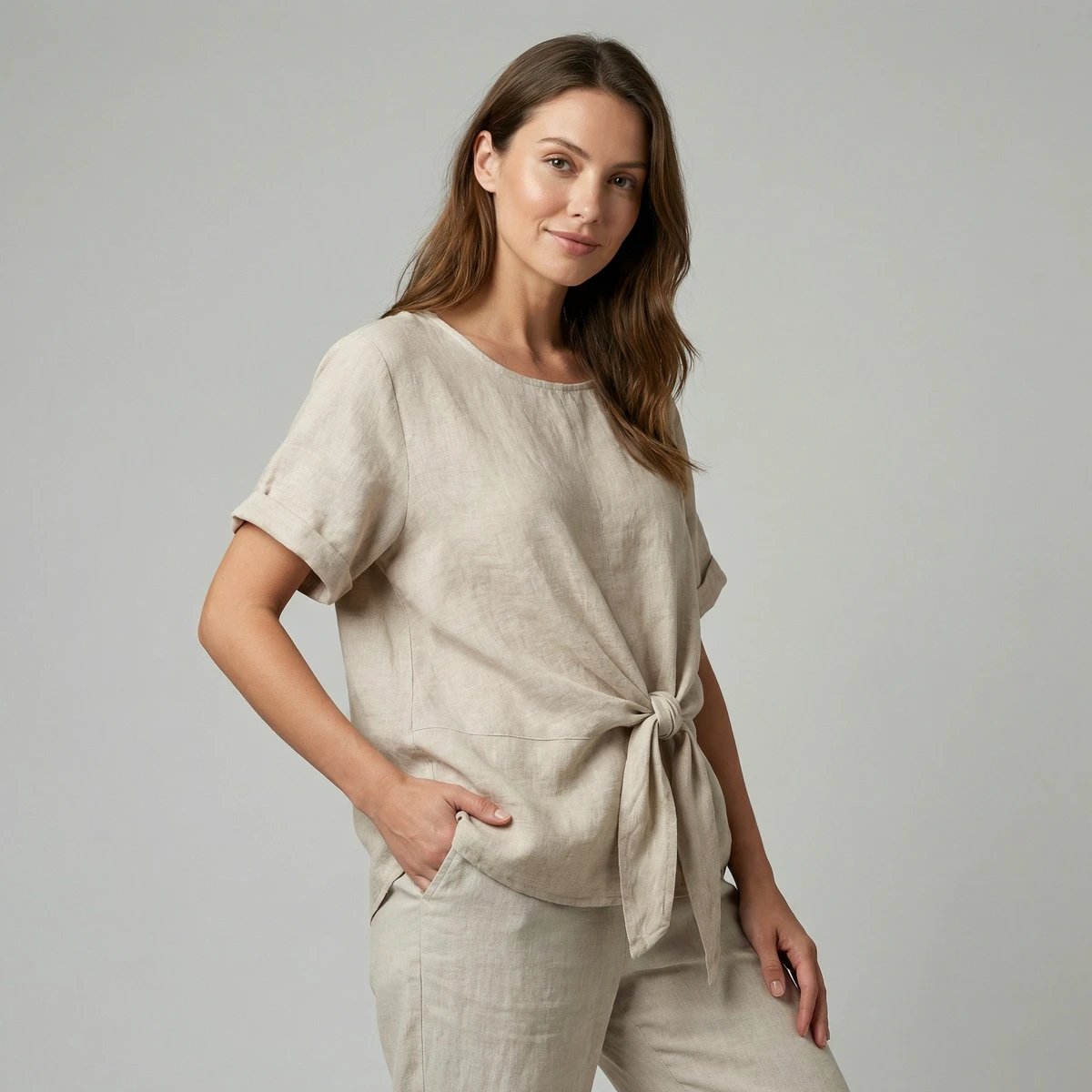 Women's Full Sleeve O-Neck Casual Breathable Solid T-Shirt with Large Decorative Bow 100% Linen Spring