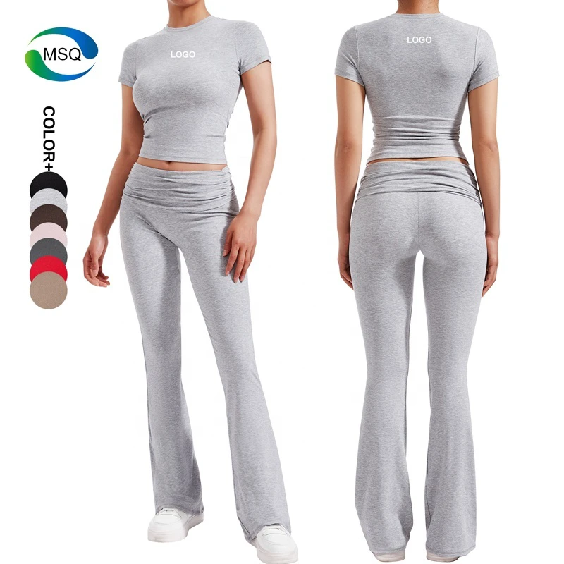 Women's Sportswear Gym Fitness Sets Workout Top Short Sleeve T Shirt Wide Leg Flare Leggings Fold Over Yoga Pants Two Piece Set