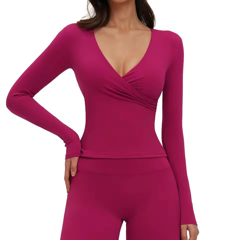 Women's Sexy Deep V-neck Yoga Shirts Breathable Long Sleeve Yoga Top-Outdoor Running Fitness Tee