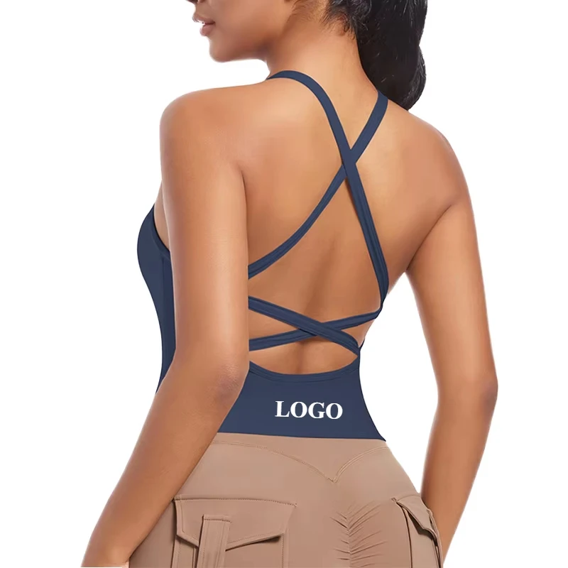 Custom LOGO Women's Nude-Feel Sports Bra Cross Strap Backless Yoga Top Seamless Sexy Comfortable Workout Running Fitness Bra