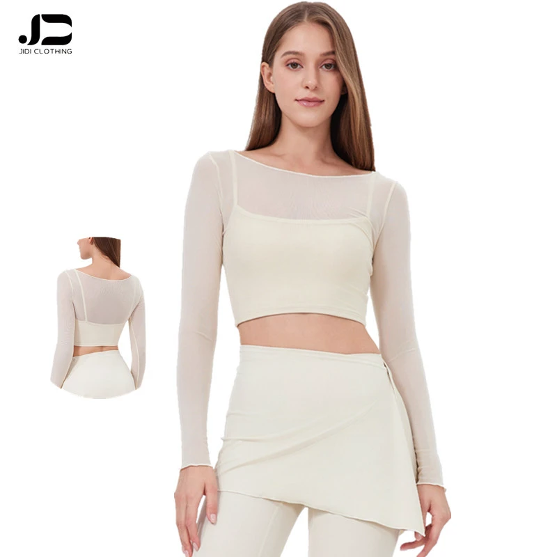 New Women's Mesh Sports T-shirt Women's Long Sleeve Chest Pad Yoga Clothes Crop Top Quick Dry Slimming Fitness Clothes