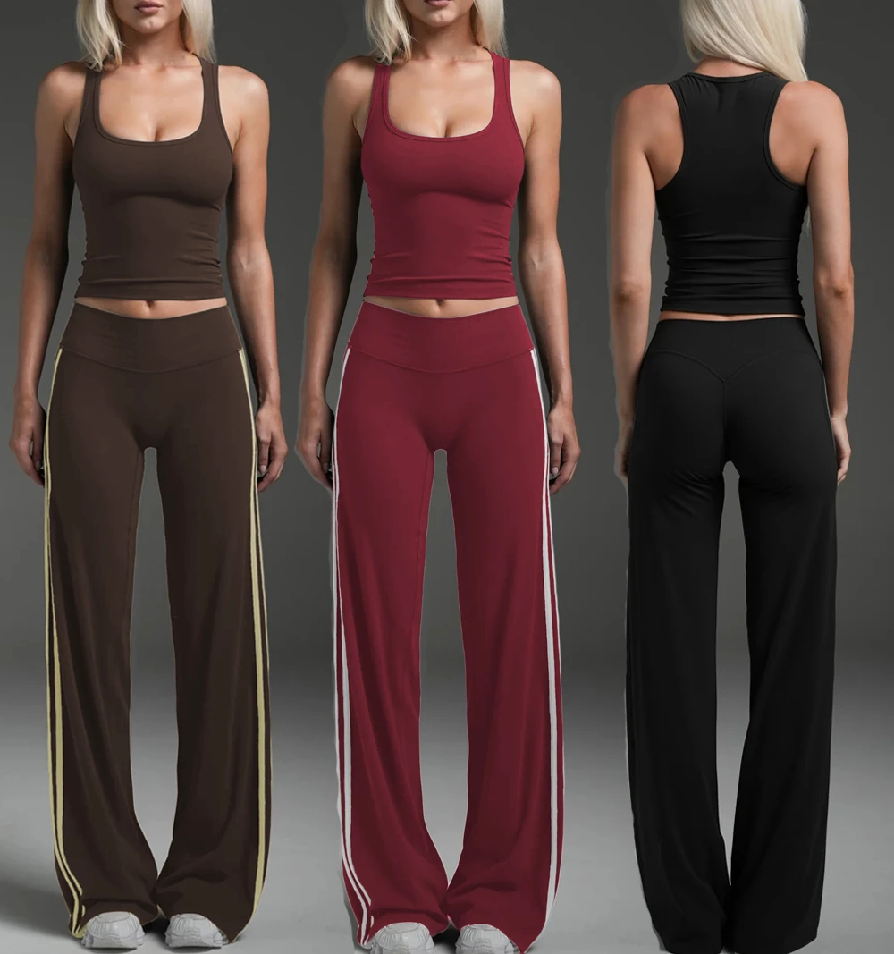 New Sexy Racerback Yoga Set | Slim Fit Gym Vest & Side Stripe Straight Leg Pants Suit | Stitched 2 Piece Workout Outfits Factory