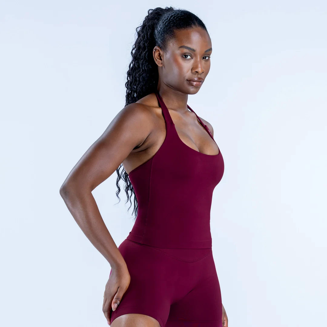 Square Neck Longline Top Built-in Bra with Removable Pads Open Back High Stretch Breathable Yoga Gym Activewear Women Front Logo