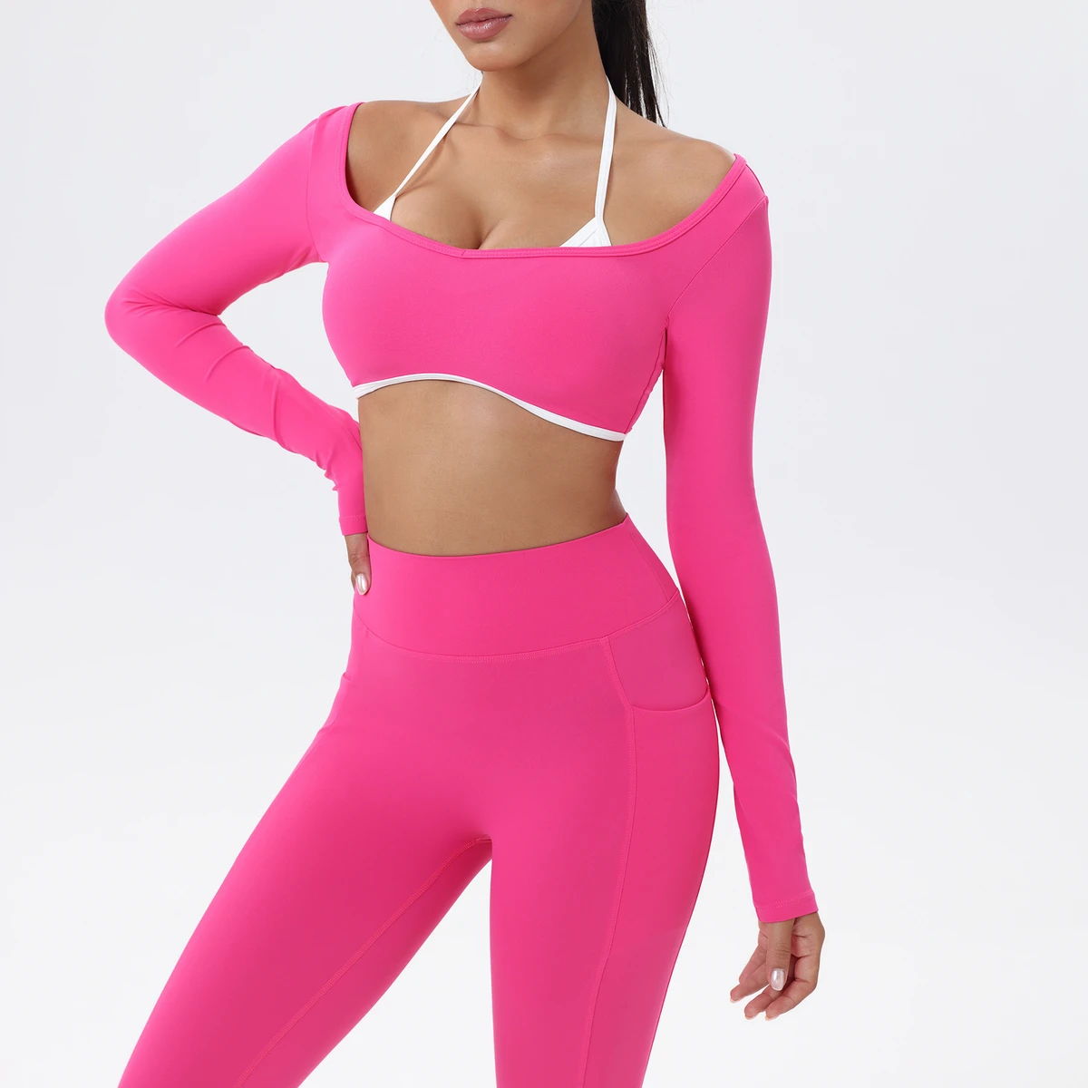 Slimming Quick-drying Fitness Yoga Wear Long Sleeves Beautiful Back Crop Tops for Women Big Neckline Backless Sexy Sports Tops