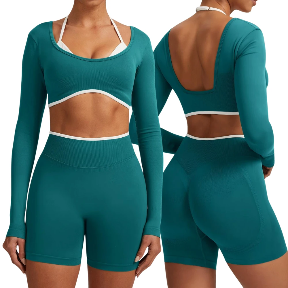 Womens Long Sleeve Crop Top Sports Bolero Shrug Contrast Trim Open Back Seamless Nylon Elastane 4 Way Stretch Custom Logo