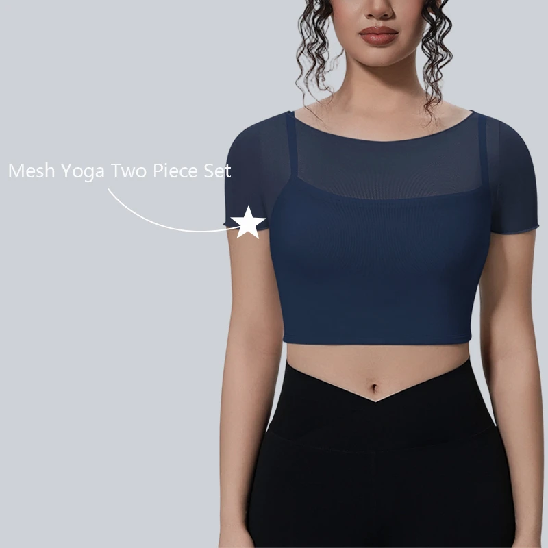 Sports Shirt Yoga Top Women's Gym Mesh Double-layer 2-in-1 Yoga Crop Top Short-sleeved Top Breathable Workout Low MOQ Versatile