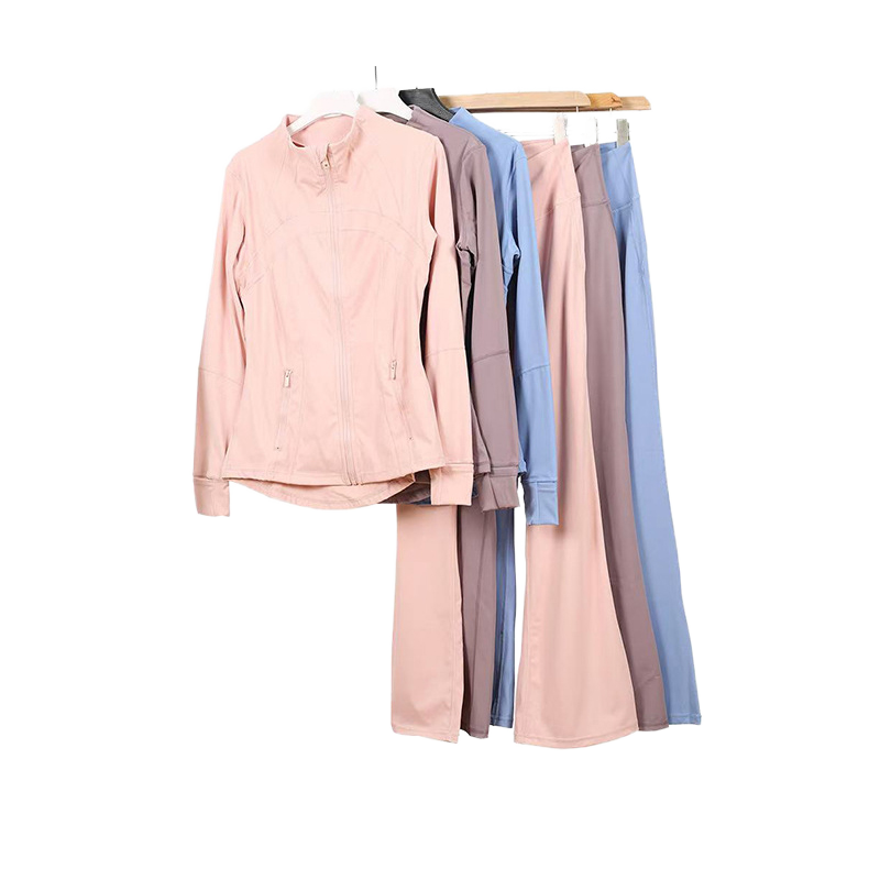 LULU Women's 2-Piece Yoga Loungewear Set Solid Pattern Jogger Jacket Flare Pants Four-Way Stretch Elastic Waist Zippers Nylon