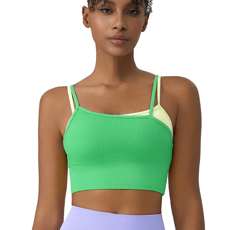 Women's Formal Double-Layer Yoga Tank Tops Push-Up Padding Breathable Woven Fabric Front Logo Thin Straps with Two-Piece Design