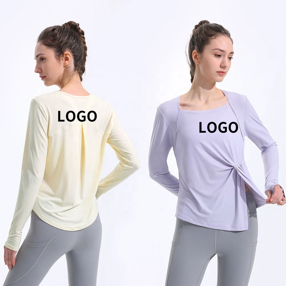 Solid Color Yoga Long Sleeve Women Outdoor Jogging Quick Dry Loose Top Skinny Waist Slim Long Sleeve Pleated Casual T-Shirt