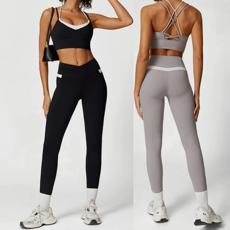 Aoyema Summer Sports Cross Back Full Cup Wireless Bra Cross Backside Top Leggings With Pockets Lightweight Yoga Clothing Sets