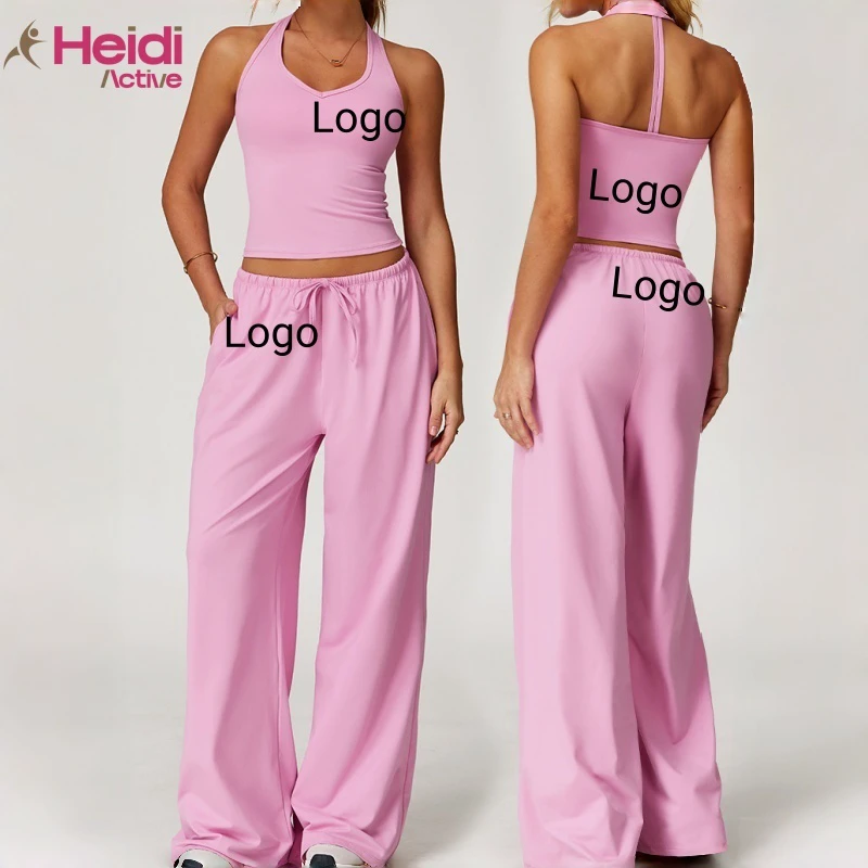 Customize Logo Women Sports Wear Soft V-neck T-line Straps Yoga Tank Top Loose Fit Casual Yoga Leggings Active Wear 2PS Yoga Set