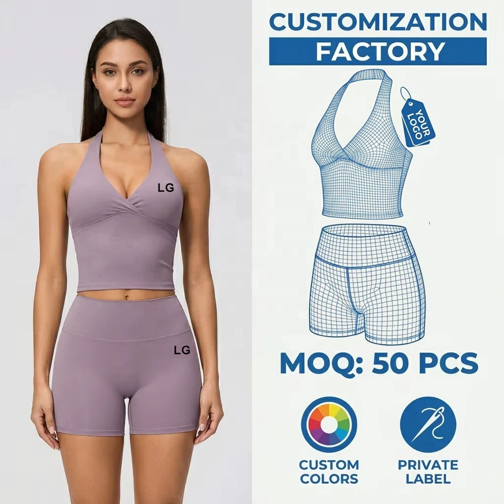 Custom Private Label Purple Long-line Halter Neck V-Neck Sports Bra And High Waist Workout Shorts Set 2 Piece Gym Wear For Women