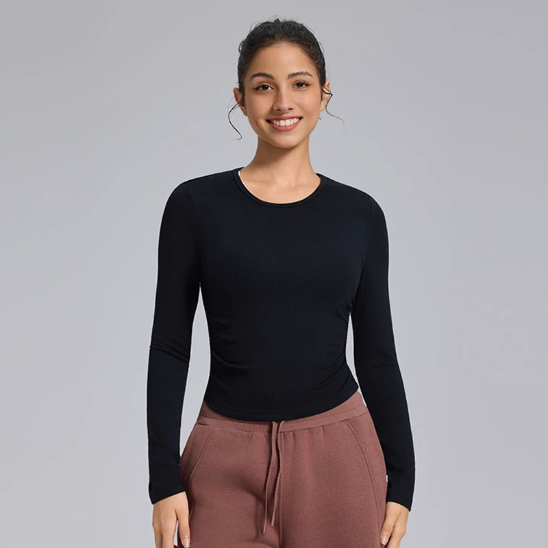 Round Neck Slim Tight T-shirt for Breathable Long Sleeve Fitness Sports Top Yoga Clothes