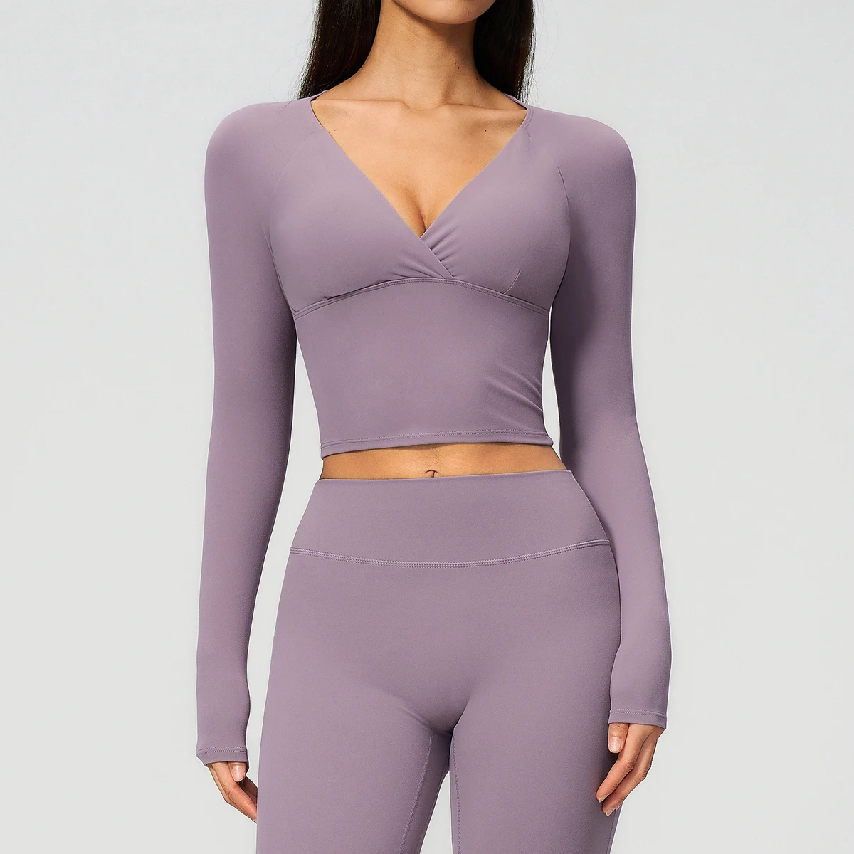 V Neck Long Sleeve Solid Four-way Stretch Breathable Yoga T-Shirt High Elastic Training Fitness Sports Top Tight