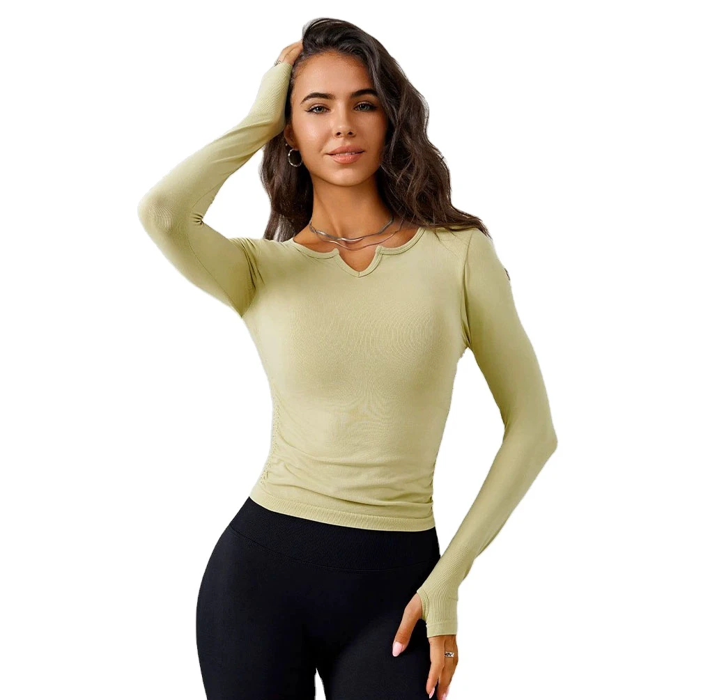 Wholesale Women Skin Friendly Breathable Rib Gym Workout Long Sleeve Quick-drying Fitness Wear Top