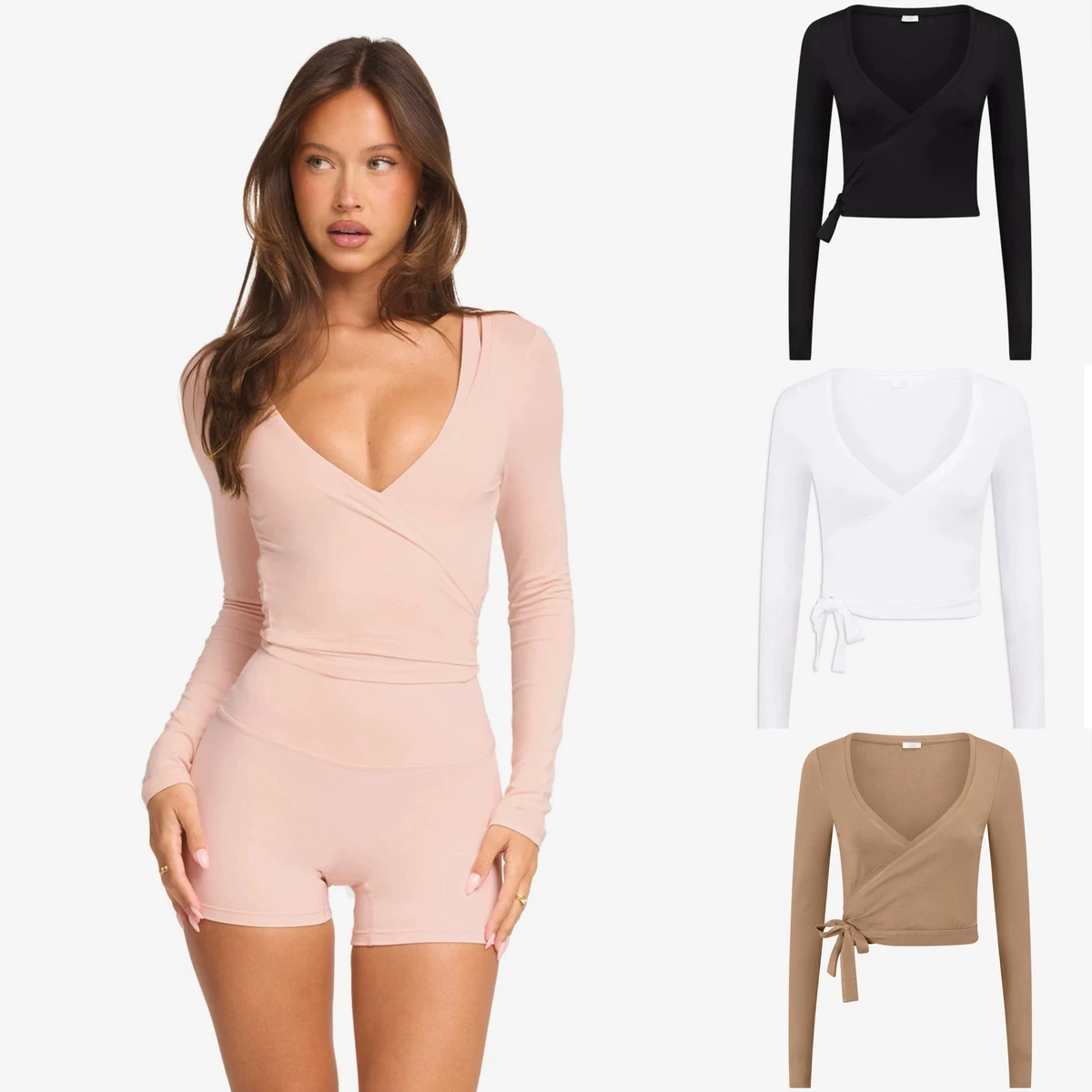 Wholesale Women Yoga T Shirt Long Sleeve Ballet Pilates Yoga Workout Wrap Shirts Deep V Neck Casual Yoga Tops