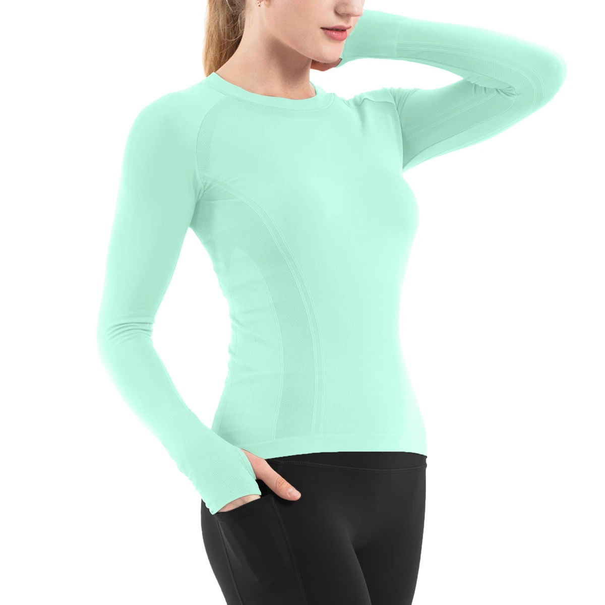 O Neck Long Sleeve Yoga Top Thumbhole Design Running Shirt for Women Tummy Control Compression Gym Workout Moisture Wicking Gear