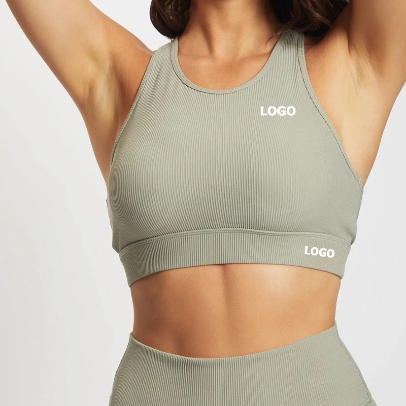 High Impact Stretch Compression Support Crop Top Custom Racer Back Push up Gym Bra Ribbed Women Sports Bras
