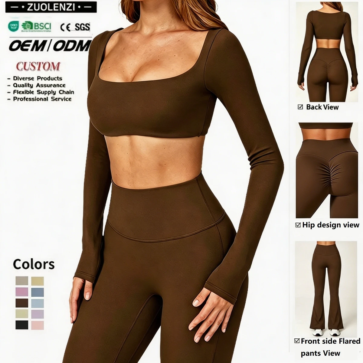 High Quality Women 2 Piece Yoga Clothes Set Long Sleeve Square Neck Crop Top High Waist Flared Yoga Pants for Fitness Exercise