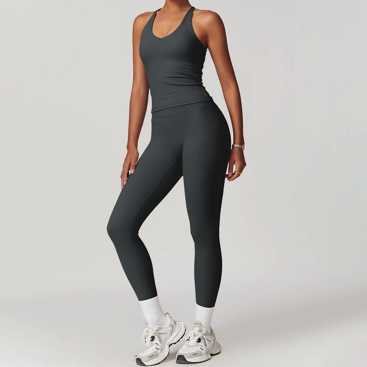 Women's Cross Adjustable Straps Skinny Padded Yoga Tops and Double Waist Lines Active Leggings 2PCS Fitness Clothing 2025