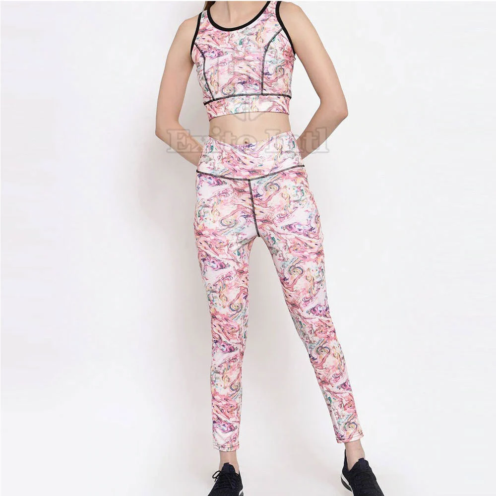 Women's Solid Front Logo Sublimation Yoga Set Custom Print Breathable High Stretch Activewear 2-Piece High Quality Leggings