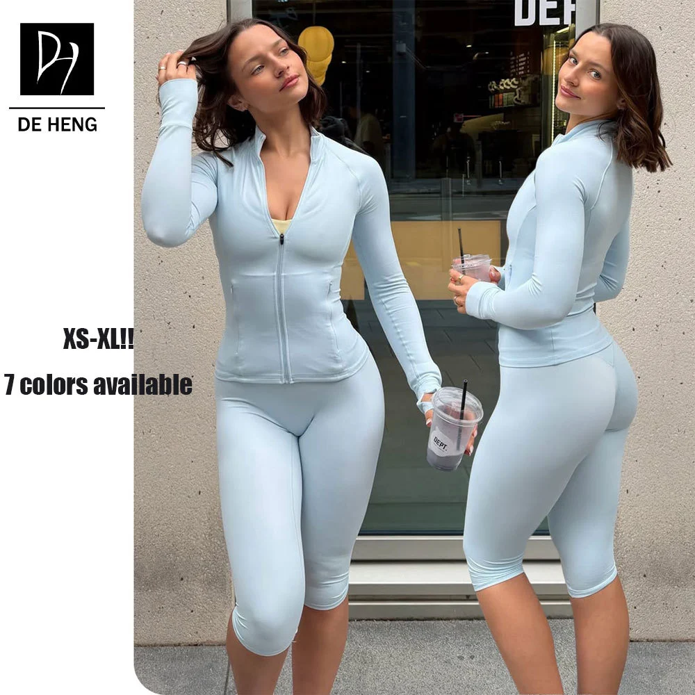 Hot Sale Women Solid Breathable Zip-Up Thumb-Hole High Waist Capri Leggings 2-Piece Set Fitness Yoga Running Tracksuit