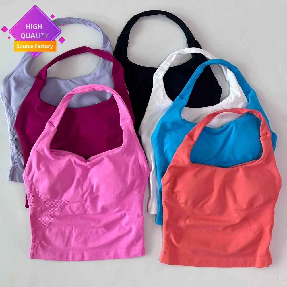 LVD421 Seamless Halter Top Backless Longline Strappy Padded Gym Top Women Built-in Bra Removable Cups Activewear Yoga Tank Tops