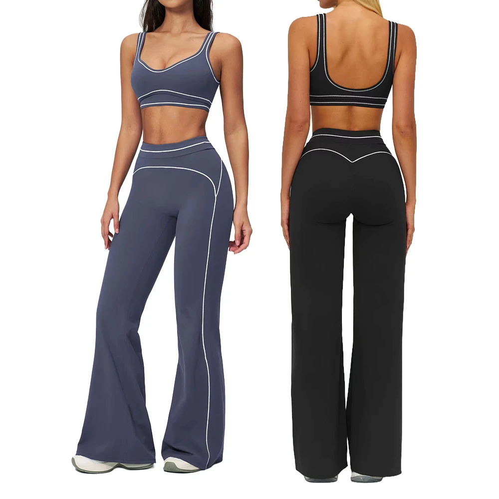 Women's Contrast 2Pcs Yoga Set Double Strap Top Wide Leg High Waist Fitness Tracksuit Leggings Pull-On Nylon Spandex
