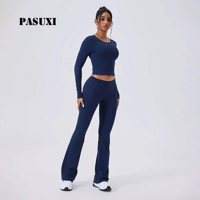 PASUXI Solid Women Yoga Set Long Sleeve Backless 2 Piece Gym Activewear High Waist Breathable Fitness Workout Sportswear
