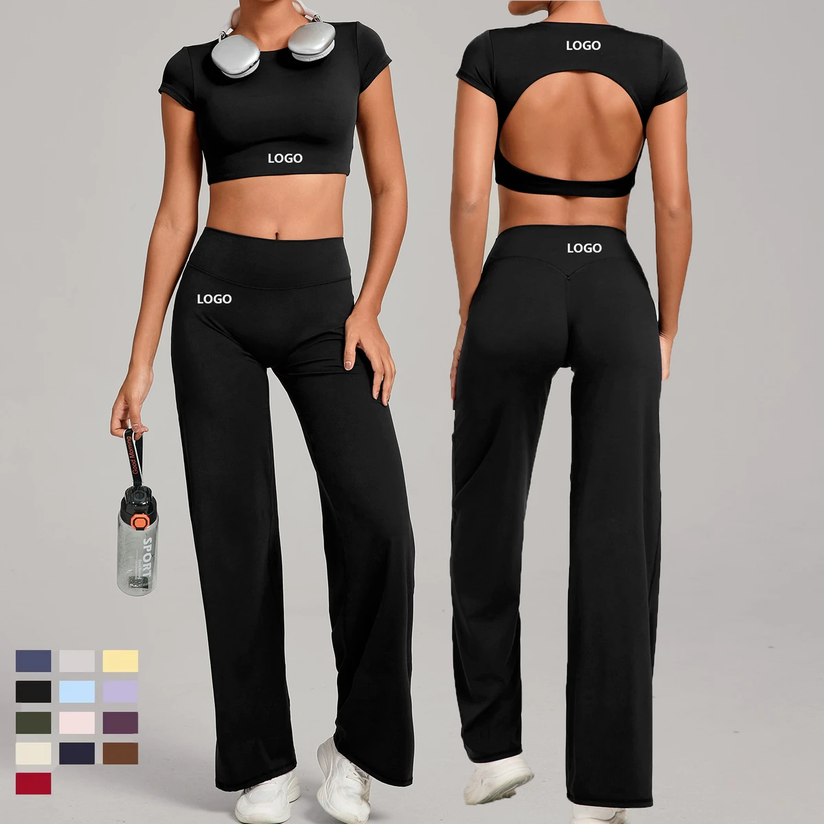 New Arrival Beautiful Back Short Sleeve Top/High Waist Pants Workout Sets Wide Leg Fitness Sportswear Soft Yoga Set