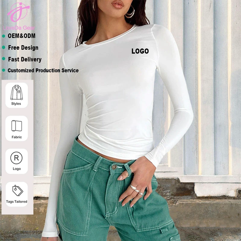 Loveda Wholesale Custom Logo Women Summer Casual Solid Color Crew Neck Slim Fit Long Sleeve Top