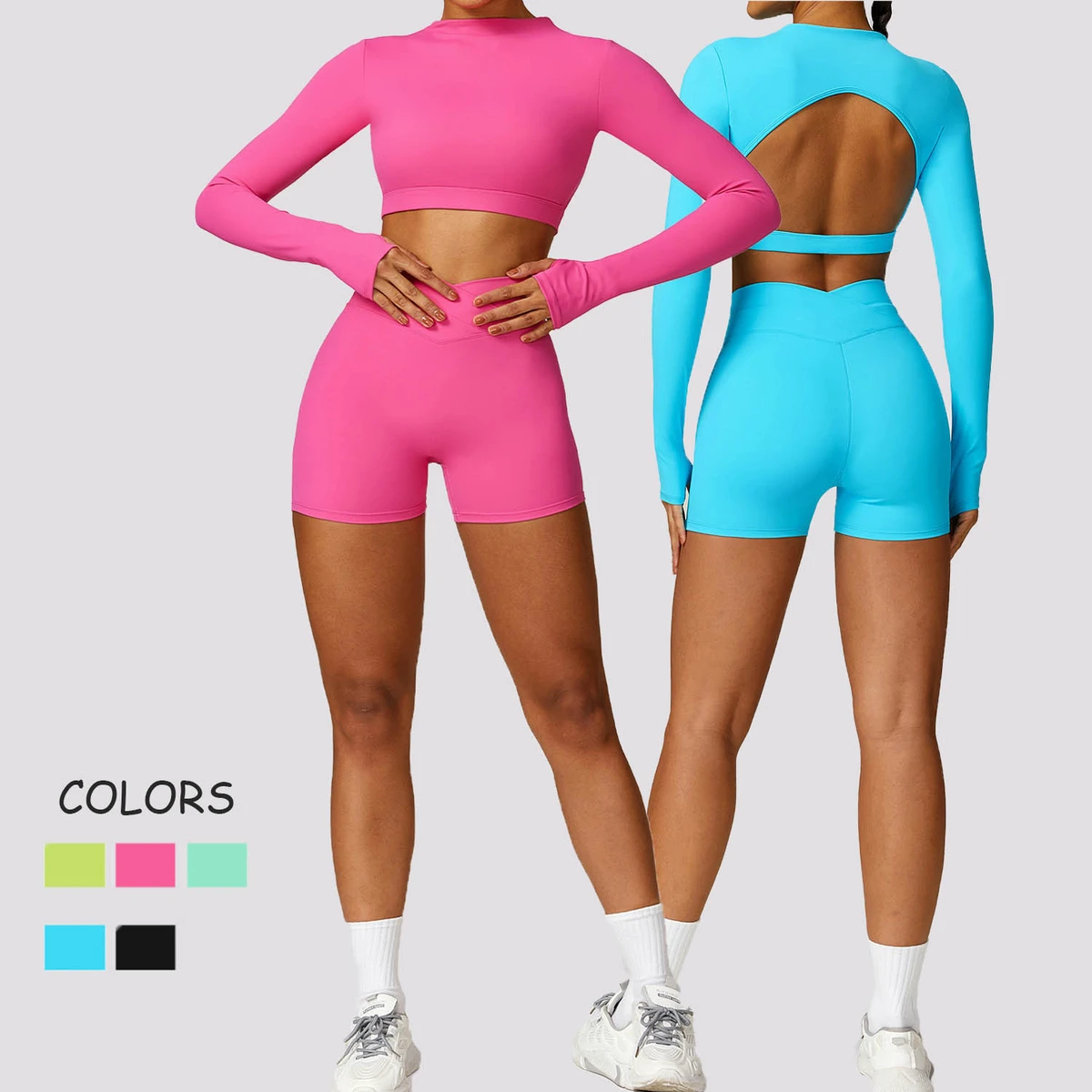 Women Sanding Round Neck Yoga Sports Clothes Lady Open Back Tight Gym Shirt Female Long Sleeve Crop Running Shirt